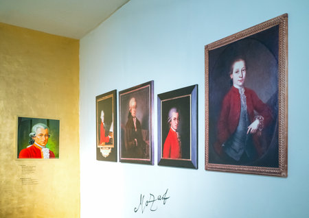 Salzburg, Austria - August 3, 2016:  W.A. Mozart portraits in the family house in Mozart squareのeditorial素材