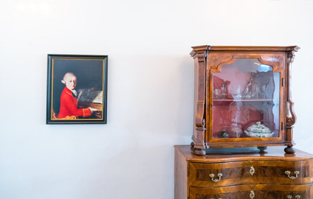 Salzburg, Austria - August 3, 2016: The W. A. Mozart home inside, a portrait of the musicianのeditorial素材