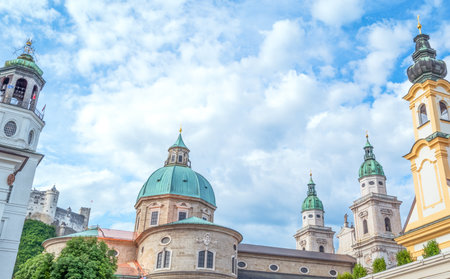 Austria, Salzburg, panoramic view of the domes and bell towers in the old town, seen from Mozart squareの写真素材