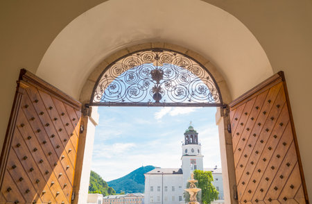Austria, Salzburg, view of Residence square from the  entrance door of a noble palaceの写真素材