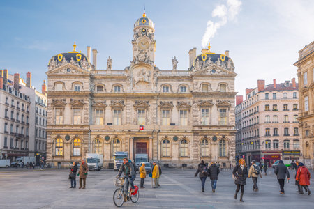 Lyon,  France - December 9, 2016:  Peple in Terreaux square with the town hall in the backgroundのeditorial素材