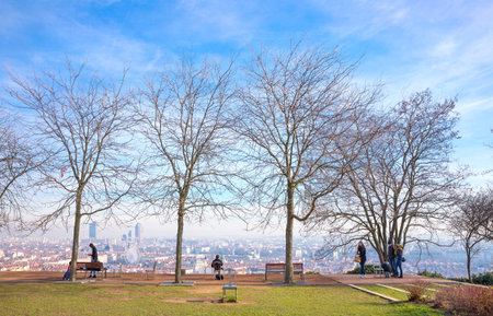 Lyon,  France - December 9, 2016:  Panorama of the city seen from the Notre Dame de Fourviere basilica hillのeditorial素材