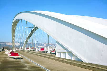 Lyon, France - December 10, 2016: Confluence district, the Raymond Barre bridge leading to the Confluence museumのeditorial素材