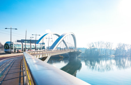 Lyon, France - December 10, 2016: Confluence district, the Raymond Barre bridge leading to the Confluence museumのeditorial素材