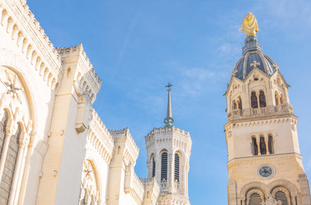 France, Lyon,  the bell towers of the Notre Dame de Fourviere basilicaのeditorial素材