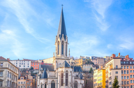 France, Lyon, the S. George apse and bell tower seen from the Saone riverの写真素材