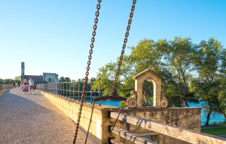 Avignon, France - August 25, 2016:  Visitors on the St Benezet bridge, also known as the Bridge of Avignon, on the Rhone riverのeditorial素材