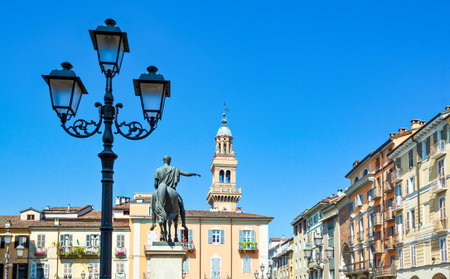 Italy, Piedmont, Casale Monferrato, Piazza Mazzini and the equestrian statue dedited to Carlo Albertoの写真素材