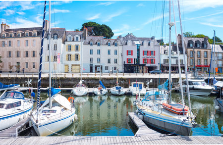 Vannes, France - August 7, 2017: The houses and venues of  Le Dressay street along the canal of the portのeditorial素材