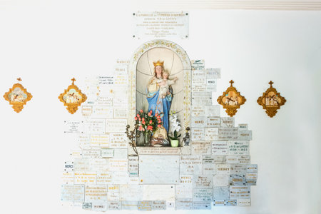 Portivy, France - August 9, 2017:  The ex voto on  the wall of the Lotivy chapelのeditorial素材