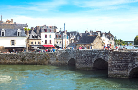 Auray, France - August 7, 2017: The ancient Saint Goustan bridge near the harbor in the center of...