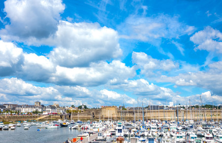 Concarneau, France - August 10, 2017: View of the De La Plaisance harbor with the ramparts of Ville Close in the backgroundのeditorial素材
