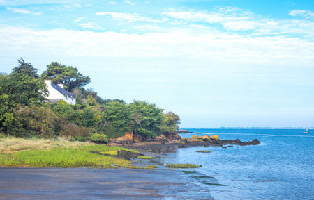 France, Penestin, the beach  and sea landscape near the harborの写真素材