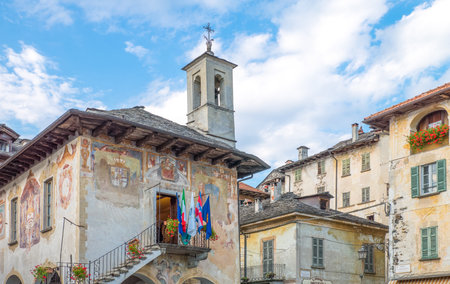 Orta San Giulio, Italy - August 18, 2013: The  Della ComunitÃ  medieval palace in Motta squareのeditorial素材