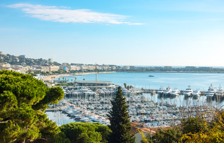 Cannes, France - November 21, 2017: The city cenrter and the marina seen from  Le Sequet old townのeditorial素材