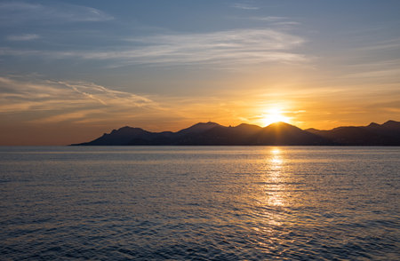 France, Cannes, sea view with sunset on the Esterel promontoryの写真素材