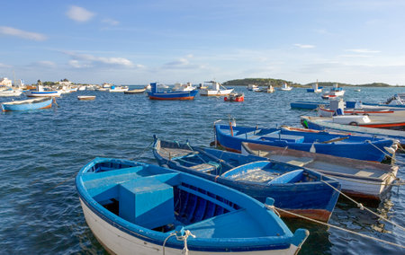 Italy, Portocesareo, boats in the fishermen harbor in front of the villageの写真素材