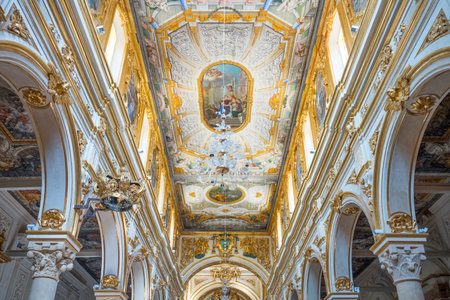 Matera, Italy - may 4, 2017: Architectures, paintings and decorations of the nave of the Cathedralのeditorial素材