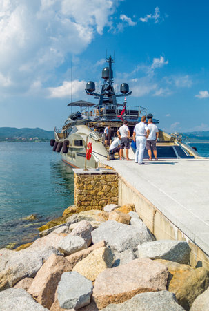 Porto Rotondo, Italy - September 10, 2012: Sardinia island,  sailors and luxury boats in the Marinaのeditorial素材