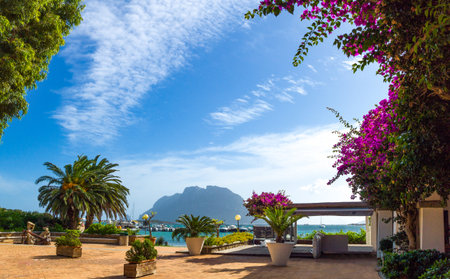 Italy, Sardinia, the Tavolara iland seen from Porto San Paolo harborの写真素材