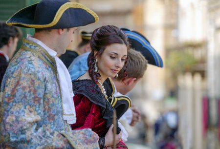 Noto, Italy - May 15, 2004: Sicily island, local people in eighteenth century costume during the Flowers Festival (Infiorata)のeditorial素材