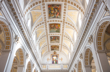 Caltagirone, Italy - February 17, 2018: Sicily island, paintings and decorations of the ceiling of...