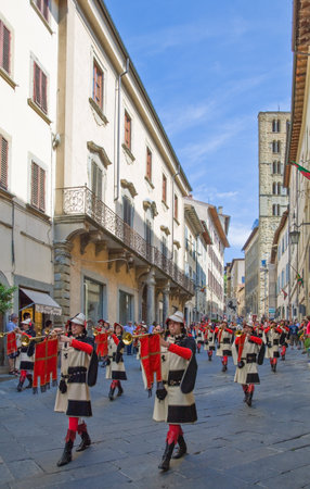 Arezzo, Italy - September 5, 2009: The medieval costume parade in Corso Italiaのeditorial素材
