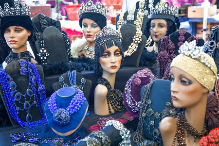Arezzo, Italy - September 5, 2009: Vintage costume jewelryin the open-air market in Prato squareのeditorial素材