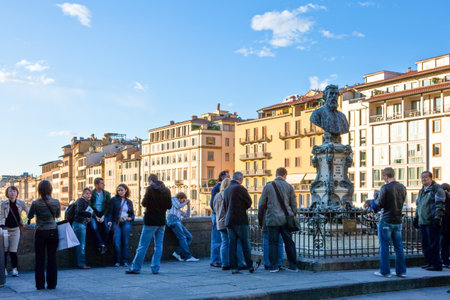 Florence, Italy - October 14, 2009: The Lungarno houses  seen from Ponte Vecchio with tourists in the foregroundのeditorial素材
