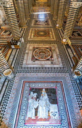 Siena, Italy - August 24, 2012: The famous inlays of colored marbles of the Cathedral's  floorのeditorial素材