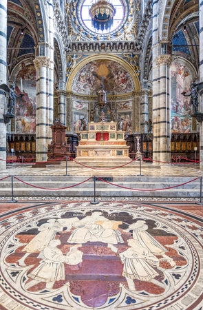 Siena, Italy - August 24, 2012: The famous inlays of colored marbles of the Cathedral's  floorのeditorial素材