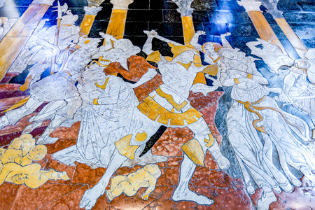 Siena, Italy - August 24, 2012: The famous inlays of colored marbles of the Cathedral's  floorのeditorial素材