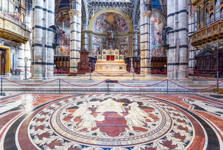 Siena, Italy - August 24, 2012: The famous inlays of colored marbles of the Cathedral's  floorのeditorial素材