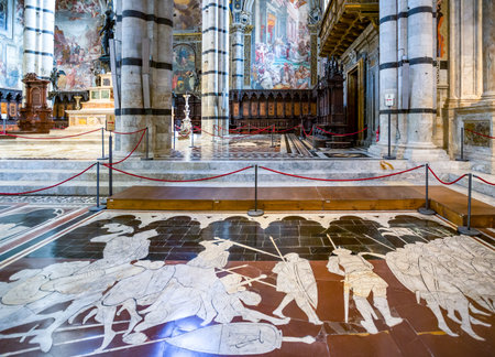 Siena, Italy - August 24, 2012: The famous inlays of colored marbles of the Cathedral's  floorのeditorial素材