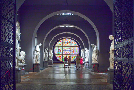 Siena, Italy - June 20, 2009: Tourists between the Duccio Di Buoninsegna's works in the Cathedral's exhibition hallsのeditorial素材