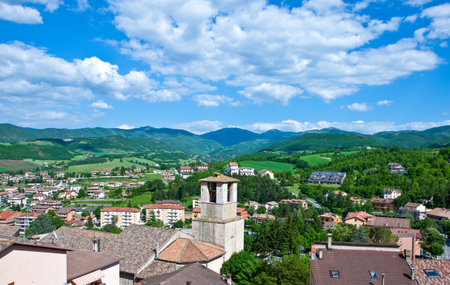 Italy,Umbria,Cascia,view of the town and the valleyの写真素材