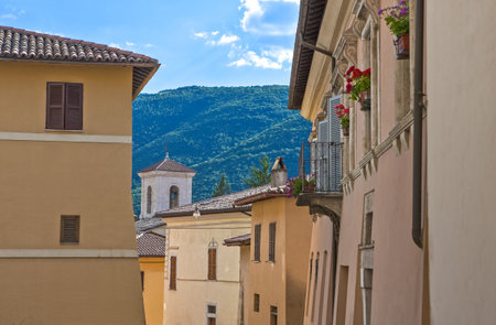 Italy,Umbria,Norcia,view of the houses of the old townの写真素材