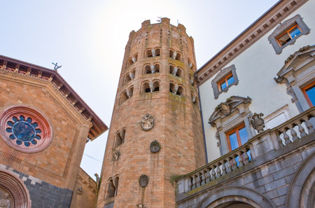 Italy,Umbria,Orvieto,upward view of the S.Andrea Cathedral and bell towerの写真素材