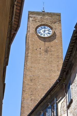 Italy,Umbria,Orvieto,upward view of the Del Moro tower in Cavour street