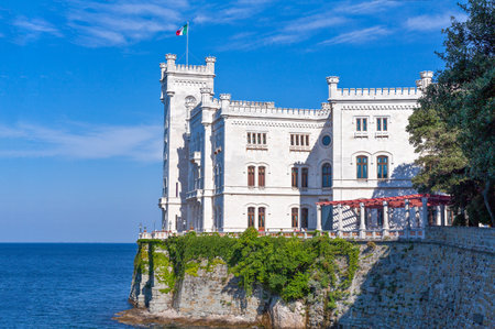 Trieste, Italy - August 10, 2010: View of the Miramare castle on the seafrontのeditorial素材