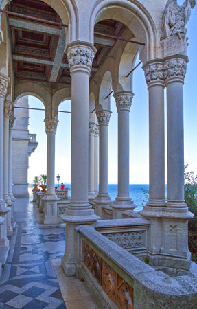 Trieste, Italy - August 10, 2010: Architecturals details of the Miramare castle on the seafrontのeditorial素材