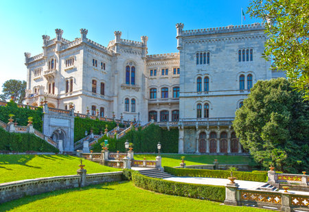 Trieste, Italy - August 10, 2010: Architecturals details of the Miramare castle on the seafrontのeditorial素材