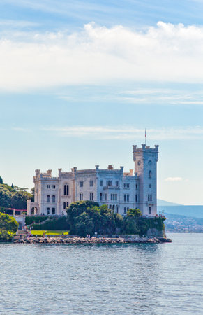 Trieste, Italy - August 10, 2010: View of the Miramare castle on the seafrontのeditorial素材