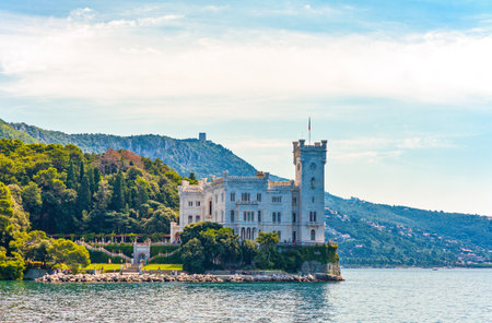 Trieste, Italy - August 10, 2010: View of the Miramare castle on the seafrontのeditorial素材