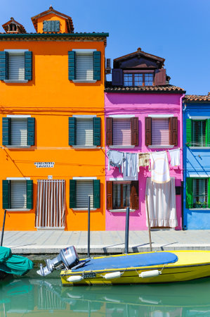 Burano, Italy - April 26, 2008: The typical colorful houses on the banks of the canalのeditorial素材