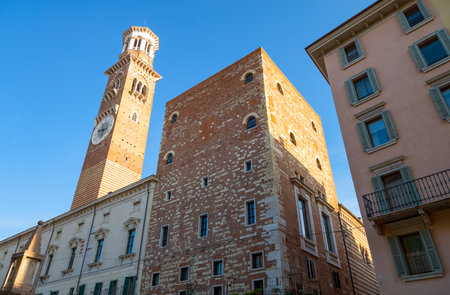 Italy, Verona,  view of the Lamberti tower from Delle Erbe squareのeditorial素材