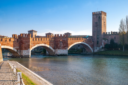 Verona, Italy - December 6, 2013: View of the Catelvecchio castle on the Adige riverのeditorial素材