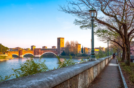 Verona, Italy - December 6, 2013: View of the Catelvecchio castle on the Adige riverのeditorial素材