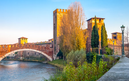 Verona, Italy - December 6, 2013: View of the Catelvecchio castle on the Adige riverのeditorial素材