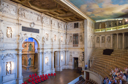 Vicenza, Italy - May 9, 2011: Visitors under the stage of  the Olimpico theatre by the architect Andrea Palladioのeditorial素材